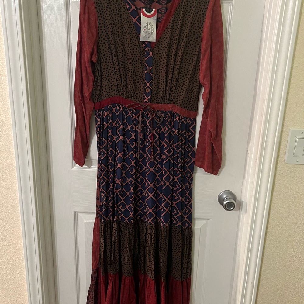 Sacred Threads Red and Blue Geometric Midi Dress
